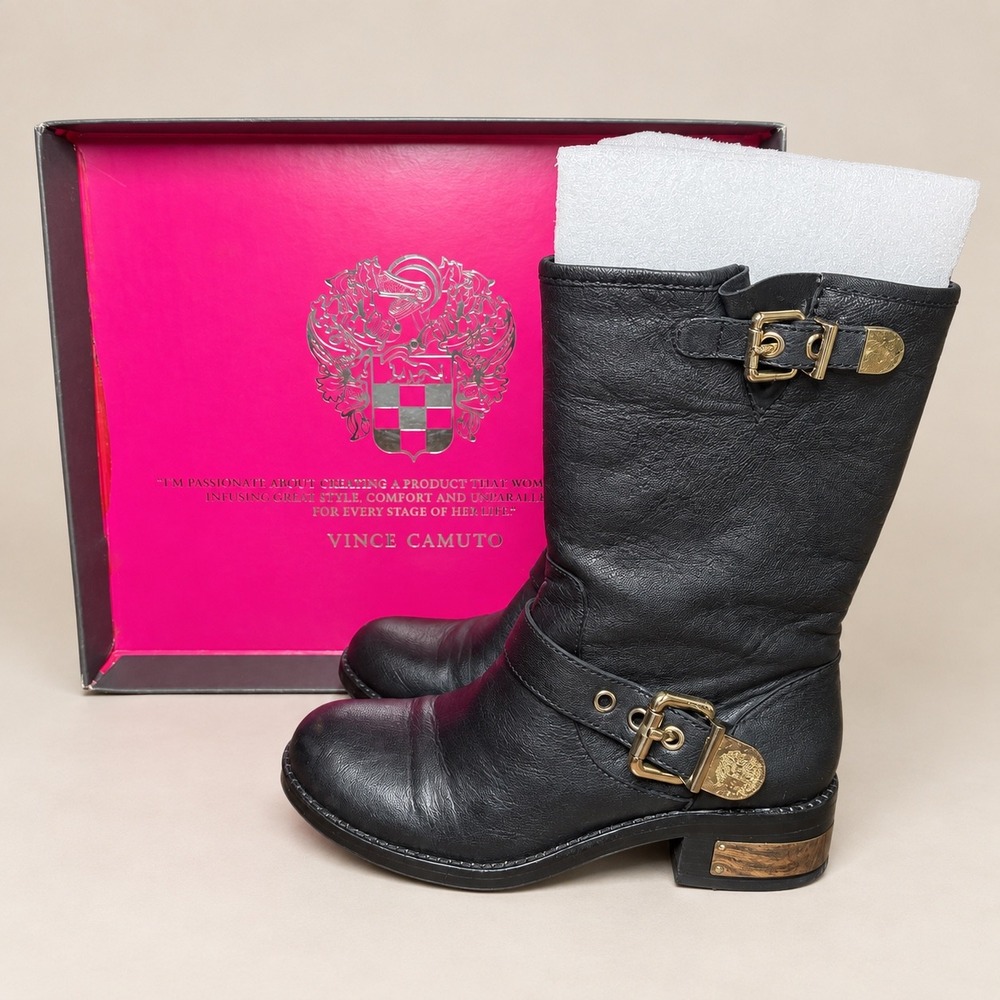 Vince Camuto Winchell Black Silk Goat Leather Moto Biker Boots Gold Hardware 6